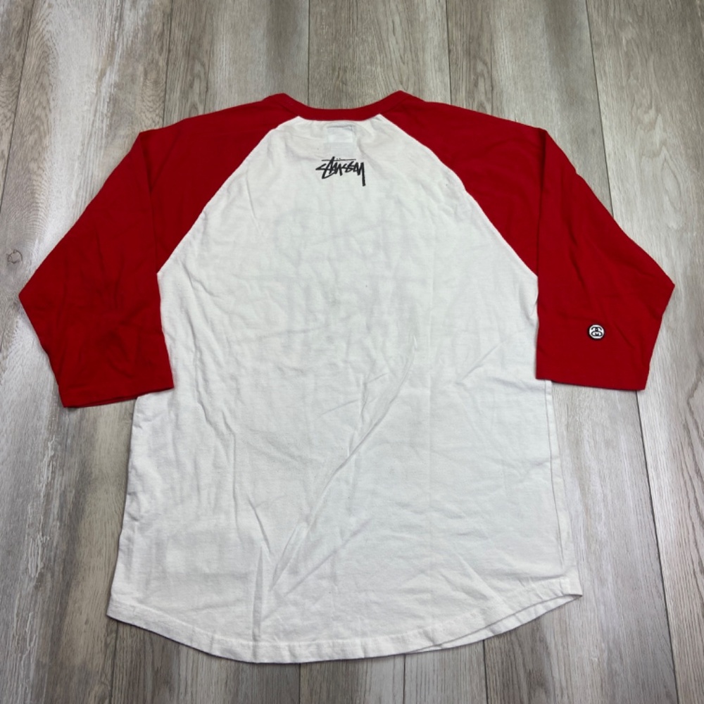 VINTAGE Stussy Raglan T-Shirt Men's Medium Red White Baseball 3/4 Sleeve Crown - Picture 13 of 16